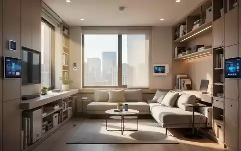 Ein modernes, kompaktes Wohnzimmer mit Smart-Home-Technologie und platzsparenden Möbeln, beleuchtet von Sonnenlicht. - Foto: über boerse-global.de