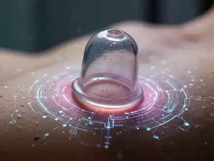 Ein Schröpfglas auf menschlicher Haut mit einem subtilen, futuristischen Leuchten, das wissenschaftliche Analyse und traditionelle Therapie verbindet. - Foto: über boerse-global.de