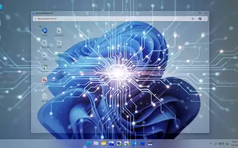 Leuchtendes, abstraktes neuronales Netzwerk-Design über einem unscharfen Windows 11-Desktop, das KI-Integration und Produktivität symbolisiert. - Foto: über boerse-global.de