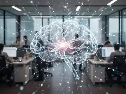 Ein stilisiertes, leuchtendes neuronales Netz überlagert ein modernes Büro mit verschwommenen arbeitenden Personen. - Foto: über boerse-global.de