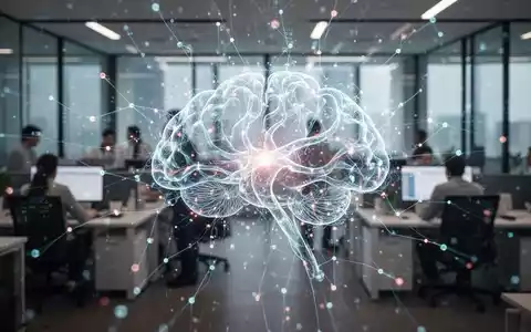 Ein stilisiertes, leuchtendes neuronales Netz überlagert ein modernes Büro mit verschwommenen arbeitenden Personen. - Foto: über boerse-global.de