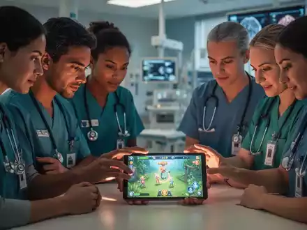 Medizinisches Personal in Uniform, das sich um ein Tablet versammelt und eine mobile Lernanwendung in einem Krankenhaus nutzt. - Foto: über boerse-global.de