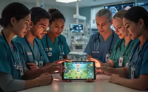 Medizinisches Personal in Uniform, das sich um ein Tablet versammelt und eine mobile Lernanwendung in einem Krankenhaus nutzt. - Foto: über boerse-global.de