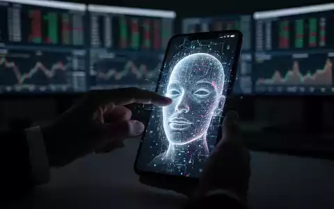 Eine schattenhafte Hand greift nach einem verzerrten digitalen Gesicht auf einem Smartphone, das KI-Betrug und Deepfakes darstellt. - Foto: über boerse-global.de