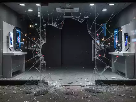 Eine zerbrochene Glasfassade eines Mobiltelefongeschäfts mit Glasscherben auf dem Boden und einem dunklen, leeren Innenraum. - Foto: über boerse-global.de