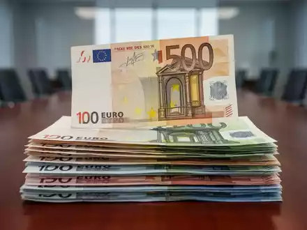 Ein Stapel Euro-Banknoten, wobei eine einzelne, größere Banknote oben liegt, um Gehaltsunterschiede darzustellen, vor einem verschwommenen Bürohintergrund. - Foto: über boerse-global.de
