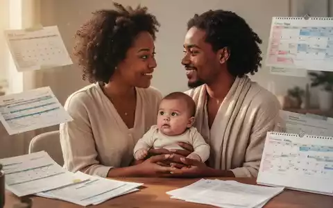Ein lächelndes Paar mit Baby, das sich liebevoll ansieht, mit angedeuteten Finanzdokumenten und einem Kalender im Hintergrund. - Foto: über boerse-global.de