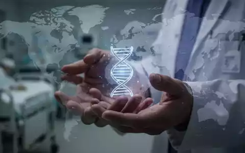 Hände halten eine leuchtende holografische Projektion einer DNA-Helix, im Hintergrund verschwommen ein Labor oder Krankenhaus. - Foto: über boerse-global.de