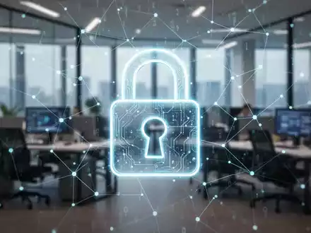 Ein stilisiertes, leuchtendes Vorhängeschloss über einer unscharfen Büroumgebung mit Datennetzwerk-Overlay, symbolisiert Cybersicherheit für KMU. - Foto: über boerse-global.de