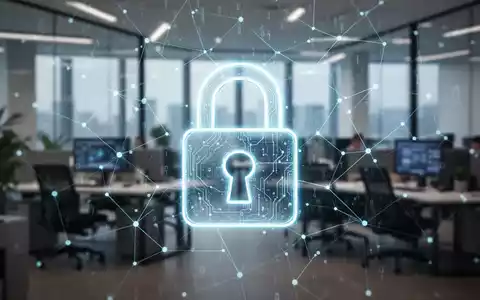 Ein stilisiertes, leuchtendes Vorhängeschloss über einer unscharfen Büroumgebung mit Datennetzwerk-Overlay, symbolisiert Cybersicherheit für KMU. - Foto: über boerse-global.de