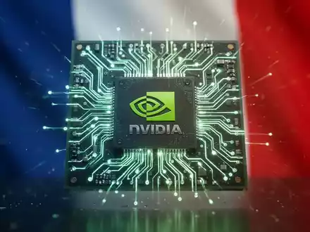 Stilisierte, leuchtende Leiterplatte als KI-Chip mit NVIDIA-Logo vor unscharfer französischer Flagge. - Foto: über boerse-global.de