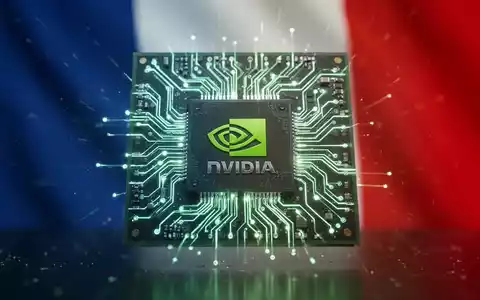 Stilisierte, leuchtende Leiterplatte als KI-Chip mit NVIDIA-Logo vor unscharfer französischer Flagge. - Foto: über boerse-global.de