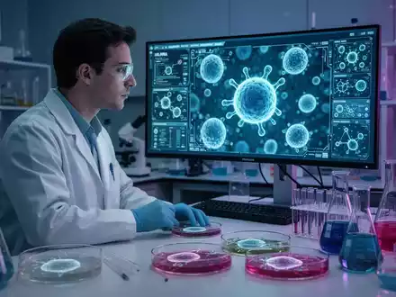 Nahaufnahme eines Forschers im Labor, der leuchtende zelluläre Strukturen auf einem Bildschirm im Kontext der mRNA-Therapie beobachtet. - Foto: über boerse-global.de