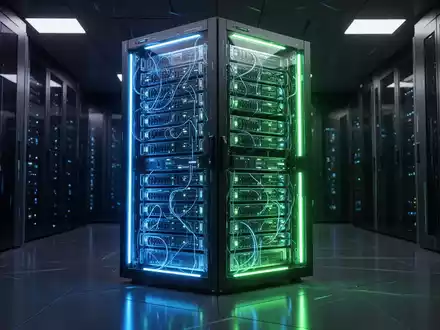 Nahaufnahme eines Serverracks mit hellblauen und grünen Lichtern, die fortschrittliche Computer- und Cloud-Gaming-Technologie darstellen. - Foto: über boerse-global.de