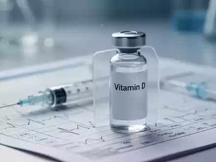 Nahaufnahme eines Vitamin-D-Fläschchens neben einer Spritze und medizinischen Diagrammen, symbolisiert Forschung zu Immunsystem und Impfungen. - Foto: über boerse-global.de