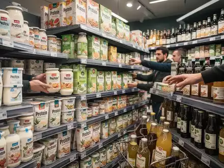 Ein Supermarktregal in Deutschland, gefüllt mit verschiedenen Lebensmitteln, die prominent mit „Protein“ gekennzeichnet sind. - Foto: über boerse-global.de