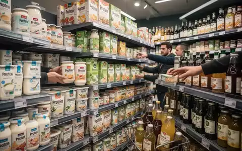 Ein Supermarktregal in Deutschland, gefüllt mit verschiedenen Lebensmitteln, die prominent mit „Protein“ gekennzeichnet sind. - Foto: über boerse-global.de