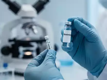 Hände eines Wissenschaftlers in einem Labor, der ein Biosimilar-Fläschchen hält, mit einem unscharfen Mikroskop im Hintergrund. - Foto: über boerse-global.de