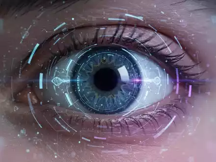 Nahaufnahme eines menschlichen Auges mit subtilen, futuristischen digitalen Überlagerungen, die Gentherapie und Netzhautimplantate darstellen. - Foto: über boerse-global.de