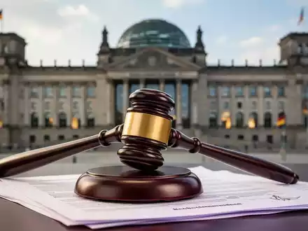Ein Richterhammer liegt auf Gesetzestexten vor verschwommenem Hintergrund des Reichstagsgebäudes, symbolisiert juristische Entscheidungen. - Foto: über boerse-global.de