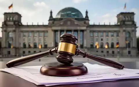 Ein Richterhammer liegt auf Gesetzestexten vor verschwommenem Hintergrund des Reichstagsgebäudes, symbolisiert juristische Entscheidungen. - Foto: über boerse-global.de