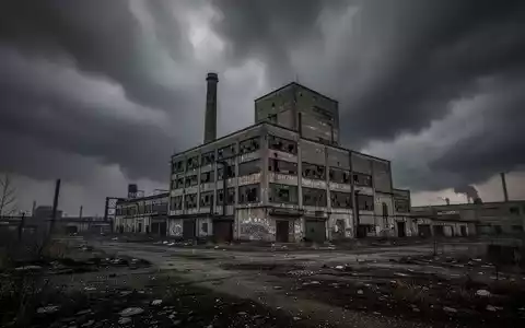 Eine trostlose Industrielandschaft mit einem verlassenen Fabrikgebäude unter einem stürmischen Himmel, das wirtschaftliche Not symbolisiert. - Foto: über boerse-global.de