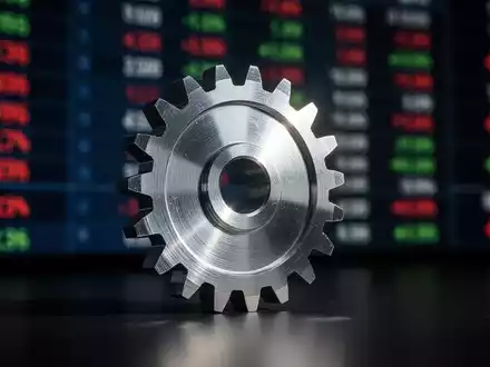 Ein einzelnes, glänzendes Metallzahnrad steigt scharf vor einem unscharfen Börsenticker-Hintergrund auf. - Foto: über boerse-global.de