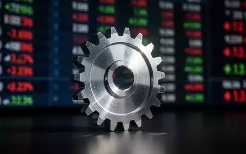 Ein einzelnes, glänzendes Metallzahnrad steigt scharf vor einem unscharfen Börsenticker-Hintergrund auf. - Foto: über boerse-global.de