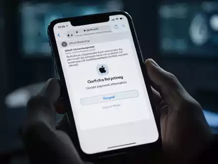 Nahaufnahme eines Smartphones, das eine gefälschte Apple-Phishing-E-Mail anzeigt, die zur Aktualisierung von Zahlungsdaten auffordert. - Foto: über boerse-global.de