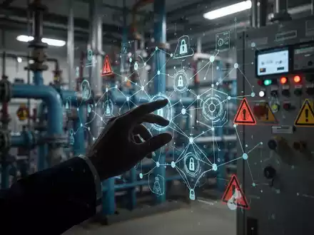 Schattenhafte Hand interagiert mit digitalem Bildschirm, der Netzwerkschwachstellen zeigt, im Hintergrund Industriemaschinen. - Foto: über boerse-global.de