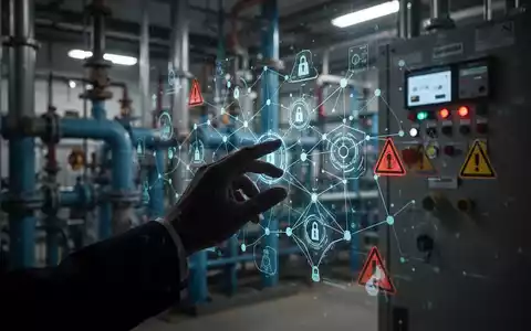 Schattenhafte Hand interagiert mit digitalem Bildschirm, der Netzwerkschwachstellen zeigt, im Hintergrund Industriemaschinen. - Foto: über boerse-global.de