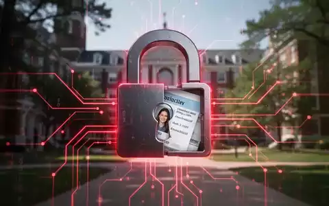 Digitales Schloss-Symbol mit rotem Leuchten über verschwommenem Universitätscampus, symbolisiert Datenleck an Bildungseinrichtung. - Foto: über boerse-global.de
