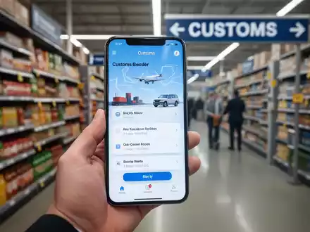Ein Smartphone zeigt eine Zoll-App, im Hintergrund verschwommen ein Supermarkt und eine Grenze, was die Digitalisierung des Grenzshoppings darstellt. - Foto: über boerse-global.de