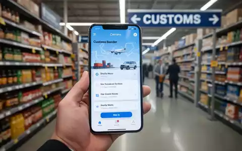 Ein Smartphone zeigt eine Zoll-App, im Hintergrund verschwommen ein Supermarkt und eine Grenze, was die Digitalisierung des Grenzshoppings darstellt. - Foto: über boerse-global.de