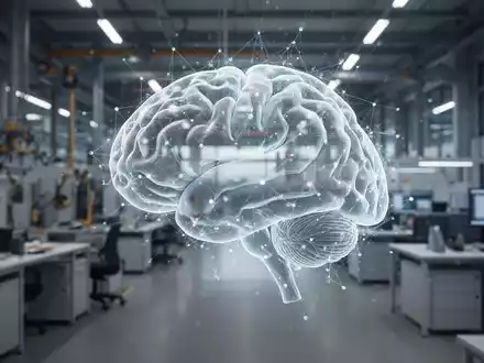 Ein abstraktes, leuchtendes neuronales Netzwerk schwebt ĂĽber einem unscharfen deutschen Fabrikboden, was eine mangelnde Integration von KI symbolisiert. - Foto: ĂĽber boerse-global.de