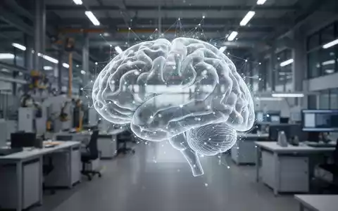 Ein abstraktes, leuchtendes neuronales Netzwerk schwebt über einem unscharfen deutschen Fabrikboden, was eine mangelnde Integration von KI symbolisiert. - Foto: über boerse-global.de