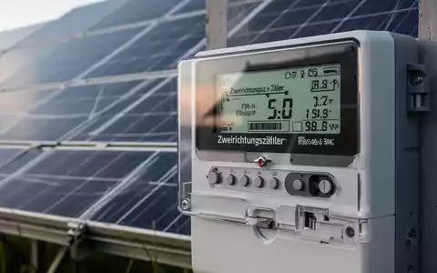 Ein moderner Zweirichtungszähler mit digitaler Anzeige, der Energieflussdaten darstellt, mit einer Solaranlage im Hintergrund. - Foto: über boerse-global.de