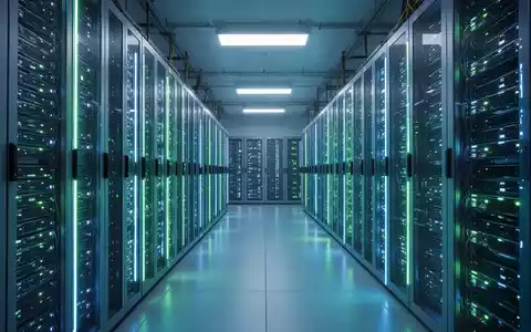 Ein modernes Rechenzentrum mit leuchtenden Server-Racks in kühlen Blau- und Grüntönen, das nachhaltige IT-Infrastruktur darstellt. - Foto: über boerse-global.de