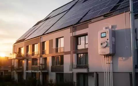 Eine moderne Wohngebäude-Fassade mit Solarpaneelen und intelligenten Zählern, die Energie-Sharing und nachhaltige Heizlösungen symbolisiert. - Foto: über boerse-global.de