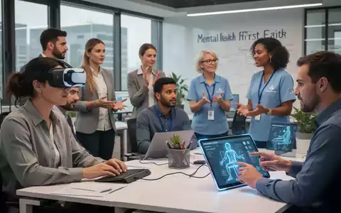 Mitarbeitende nutzen digitale Tools wie VR-Headsets und Tablets für Gesundheitscoaching in einem modernen Büro. Eine Person spricht mit einem Kollegen, der als Ersthelfer für psychische Gesundheit fungiert. - Foto: über boerse-global.de