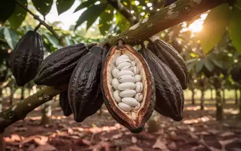 Nahaufnahme von reifen Kakaoschoten an einem Baum, einige geöffnet mit weissen Bohnen, unscharfe Plantage im Hintergrund. - Foto: über boerse-global.de