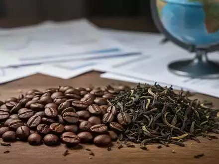 Kaffee- und Teeblätter auf einer Holzoberfläche mit verschwommenen Dokumenten im Hintergrund, die EU-Richtlinien symbolisieren. - Foto: über boerse-global.de