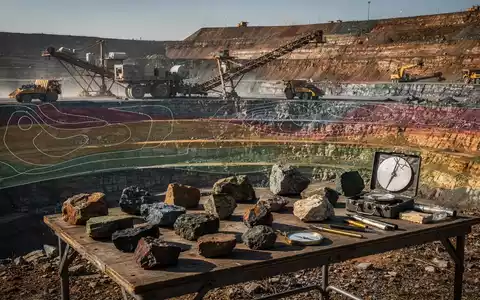 Luftaufnahme eines Tagebaus für Seltene Erden mit schweren Maschinen und Gesteinsproben im Vordergrund. - Foto: über boerse-global.de