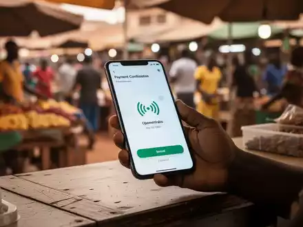 Hand hält Smartphone mit Zahlungsbestätigung über Ladentisch in afrikanischem Markt. - Foto: über boerse-global.de