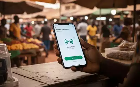 Hand hält Smartphone mit Zahlungsbestätigung über Ladentisch in afrikanischem Markt. - Foto: über boerse-global.de