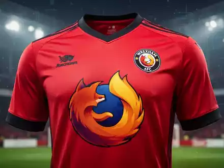 Ein rotes Wrexham AFC Fußballtrikot mit Firefox-Logo vor verschwommenem Stadionhintergrund. - Foto: über boerse-global.de