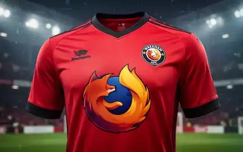 Ein rotes Wrexham AFC Fußballtrikot mit Firefox-Logo vor verschwommenem Stadionhintergrund. - Foto: über boerse-global.de