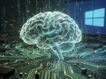 Leuchtendes KI-Neuronennetzwerk-Gehirn auf Leiterplatte mit Datenfluss, symbolisiert KI-gestützte Sicherheit und schnelle Updates. - Foto: über boerse-global.de