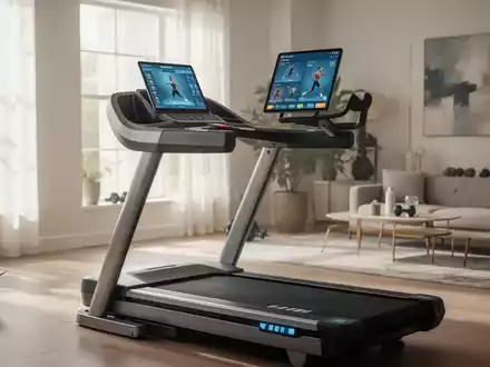 Ein modernes Laufband mit Tablet, das eine Fitness-App anzeigt, in einem stilvollen Heim-Fitnessraum mit viel natürlichem Licht. - Foto: über boerse-global.de