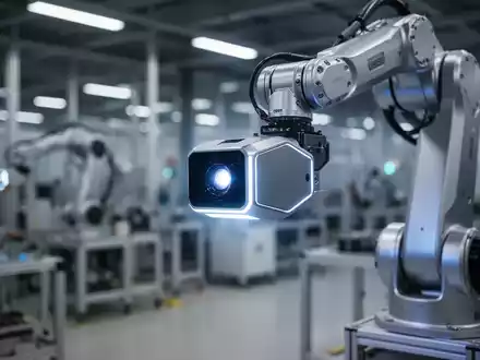 Nahaufnahme eines futuristischen LiDAR-Sensors in einem Roboterarm, der in einer automatisierten Fabrik sanft leuchtet. - Foto: über boerse-global.de
